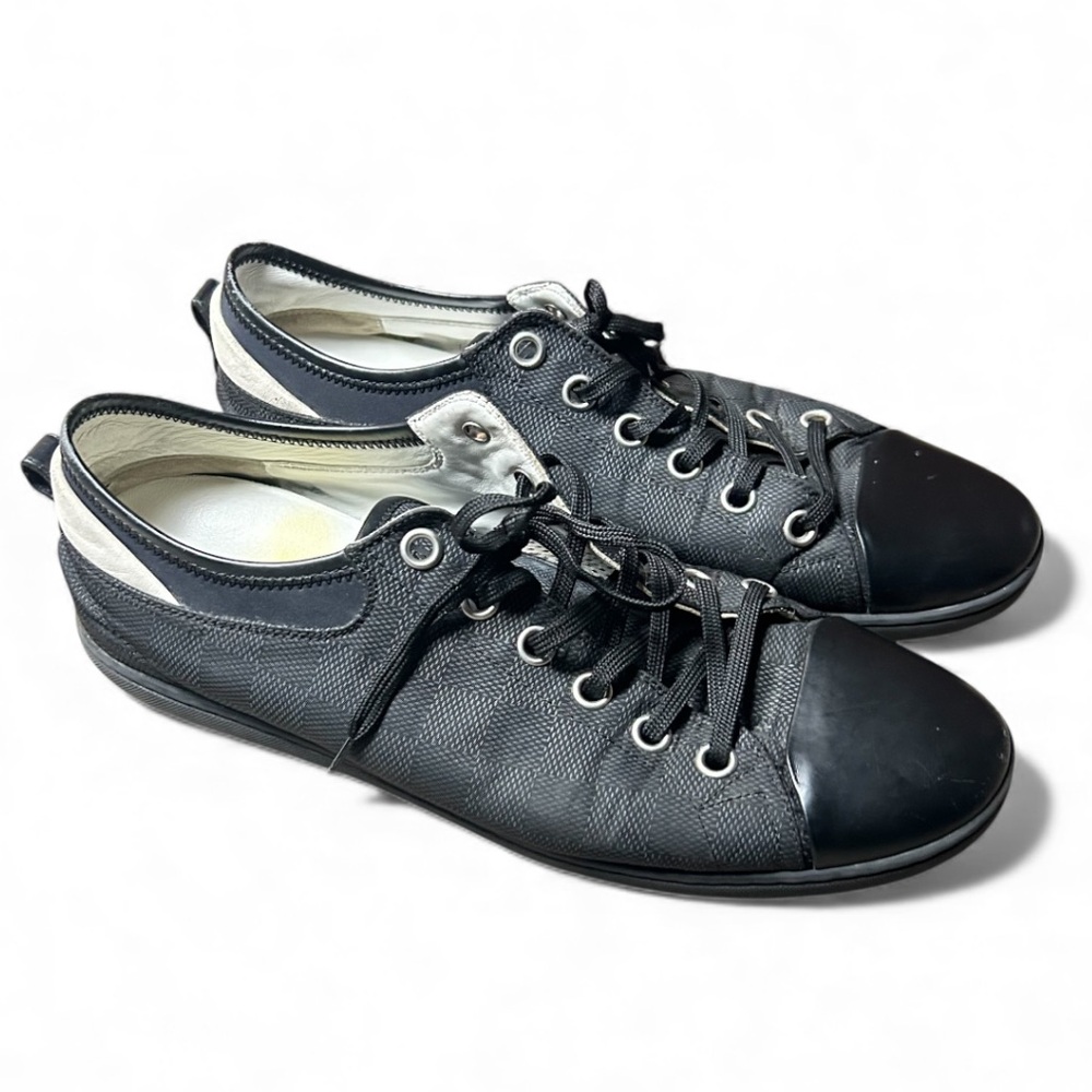 Louis Vuitton Graphite Damier Nylon|Black Leather Cap Toe Sneakers Size 7.5 Mens - Picture 2 of 12